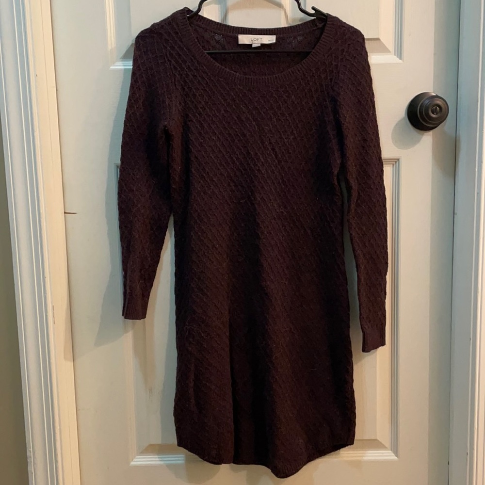 Loft dark purple long sleeved sweater dress, size XS petite